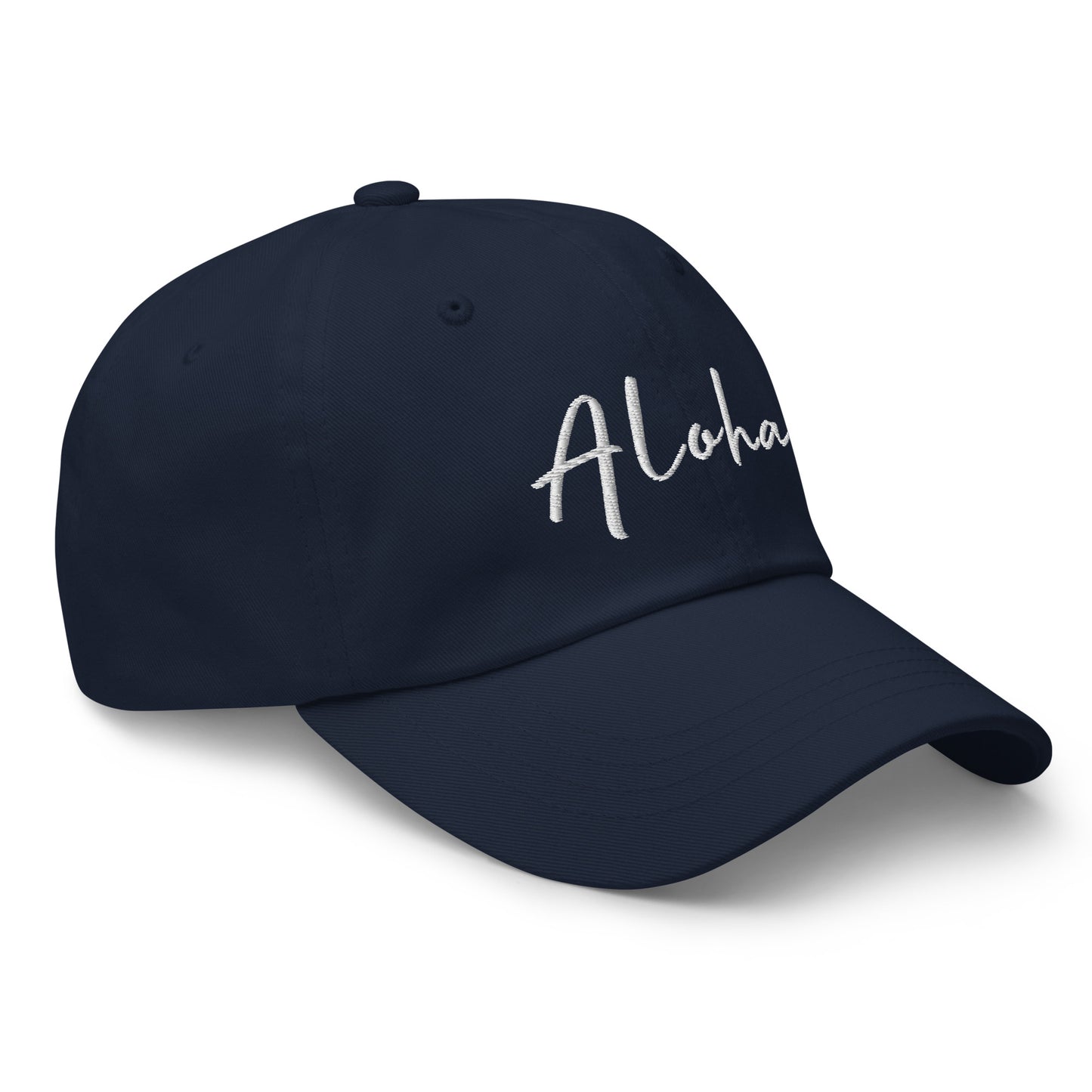 Seitenansicht der navyfarbenen Aloha Cap mit Stickerei